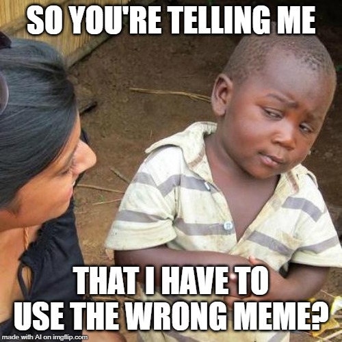 Using the wrong meme. | SO YOU'RE TELLING ME; THAT I HAVE TO USE THE WRONG MEME? | image tagged in memes,third world skeptical kid,dont use the wrong meme | made w/ Imgflip meme maker