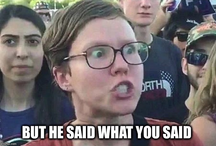 Triggered Liberal | BUT HE SAID WHAT YOU SAID | image tagged in triggered liberal | made w/ Imgflip meme maker
