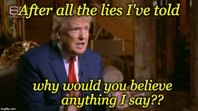 Trump Denial | After all the lies I've told; why would you believe         anything I say?? | image tagged in trump denial | made w/ Imgflip meme maker