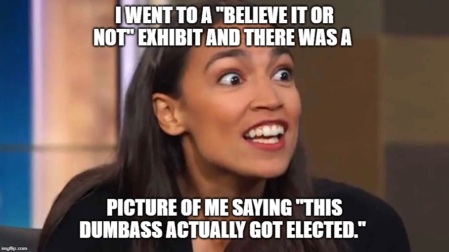 Crazy AOC | I WENT TO A "BELIEVE IT OR NOT" EXHIBIT AND THERE WAS A; PICTURE OF ME SAYING "THIS DUMBASS ACTUALLY GOT ELECTED." | image tagged in crazy aoc | made w/ Imgflip meme maker