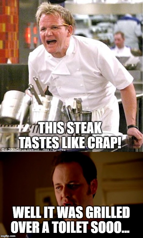 THIS STEAK TASTES LIKE CRAP! WELL IT WAS GRILLED OVER A TOILET SOOO... | image tagged in memes,chef gordon ramsay,jake from state farm | made w/ Imgflip meme maker