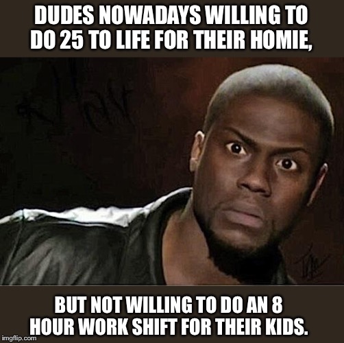 Kevin Hart Meme | DUDES NOWADAYS WILLING TO DO 25 TO LIFE FOR THEIR HOMIE, BUT NOT WILLING TO DO AN 8 HOUR WORK SHIFT FOR THEIR KIDS. | image tagged in memes,kevin hart | made w/ Imgflip meme maker