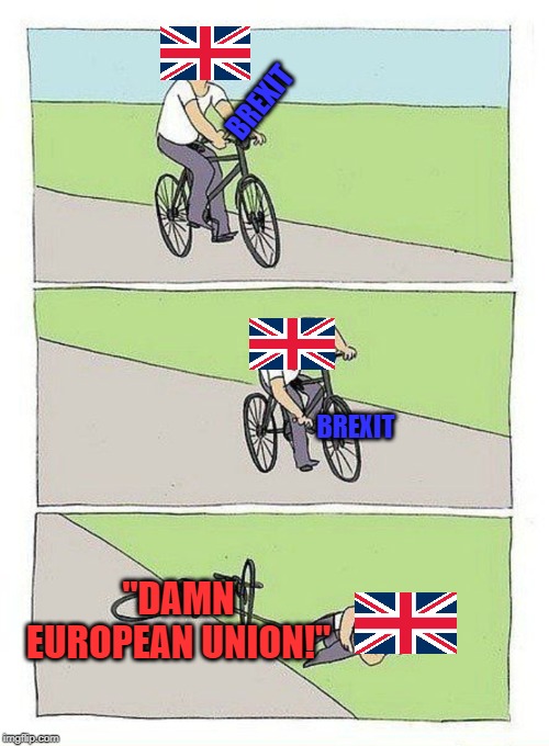 It'll definitely teach em' a lesson. Especially with that Europhobe Boris. We should be expecting refugees from Britain soon | BREXIT; BREXIT; "DAMN EUROPEAN UNION!" | image tagged in bike fall,eu,brexit,morons,politicstoo | made w/ Imgflip meme maker