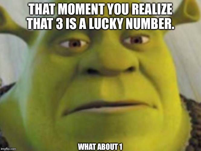 Shrek is salty | THAT MOMENT YOU REALIZE THAT 3 IS A LUCKY NUMBER. WHAT ABOUT 1 | image tagged in shrek is salty | made w/ Imgflip meme maker