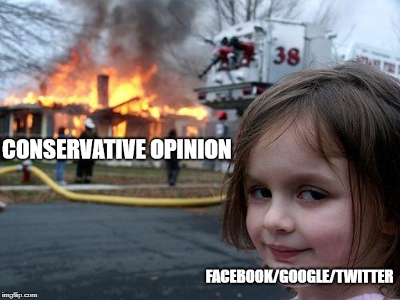 but free speech right | CONSERVATIVE OPINION; FACEBOOK/GOOGLE/TWITTER | image tagged in memes,disaster girl,facebook,twitter,google | made w/ Imgflip meme maker
