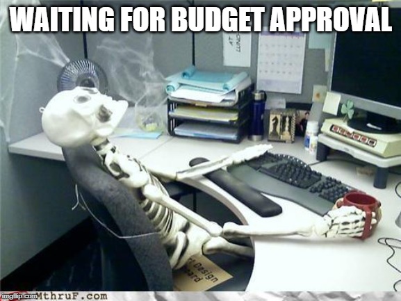 Skeleton | WAITING FOR BUDGET APPROVAL | image tagged in skeleton | made w/ Imgflip meme maker