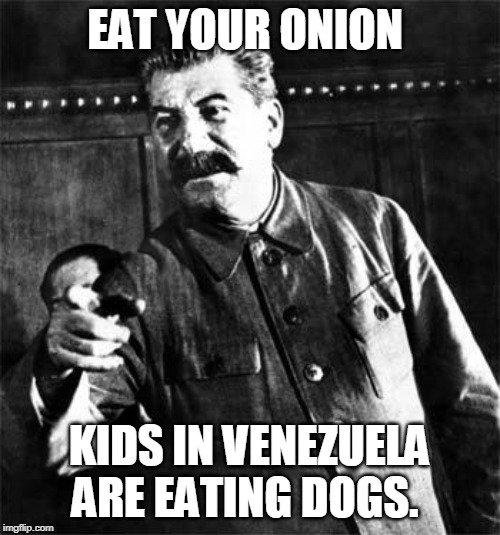 Stalin | EAT YOUR ONION KIDS IN VENEZUELA ARE EATING DOGS. | image tagged in stalin | made w/ Imgflip meme maker