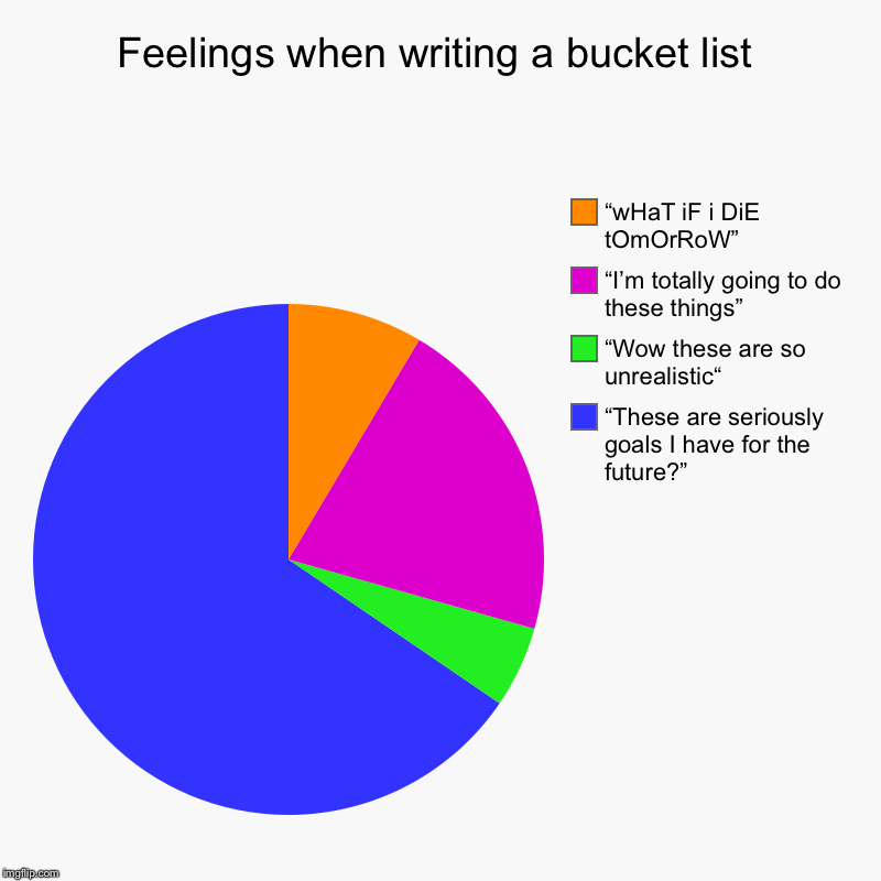 Feelings when writing a bucket list | “These are seriously goals I have for the future?”, “Wow these are so unrealistic“, “I’m totally going | image tagged in charts,pie charts | made w/ Imgflip chart maker