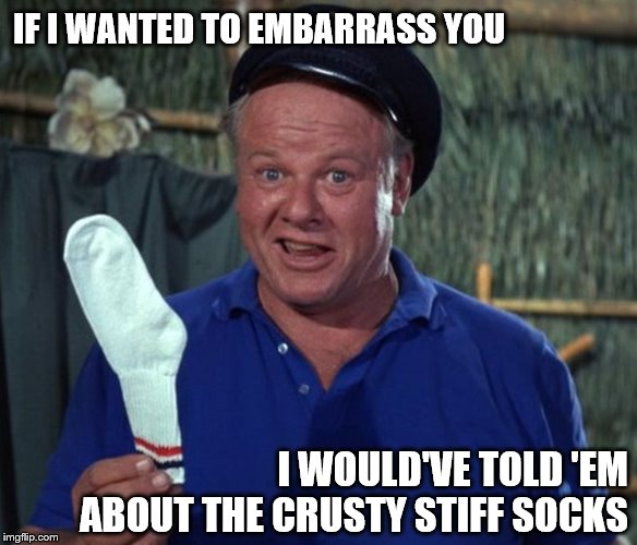 sock | IF I WANTED TO EMBARRASS YOU I WOULD'VE TOLD 'EM ABOUT THE CRUSTY STIFF SOCKS | image tagged in sock | made w/ Imgflip meme maker