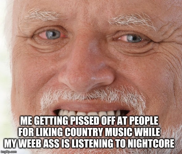 Hide the Pain Harold | ME GETTING PISSED OFF AT PEOPLE FOR LIKING COUNTRY MUSIC WHILE MY WEEB ASS IS LISTENING TO NIGHTCORE | image tagged in hide the pain harold | made w/ Imgflip meme maker