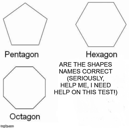 Pentagon Hexagon Octagon | ARE THE SHAPES NAMES CORRECT
(SERIOUSLY, HELP ME, I NEED HELP ON THIS TEST!) | image tagged in memes,pentagon hexagon octagon | made w/ Imgflip meme maker