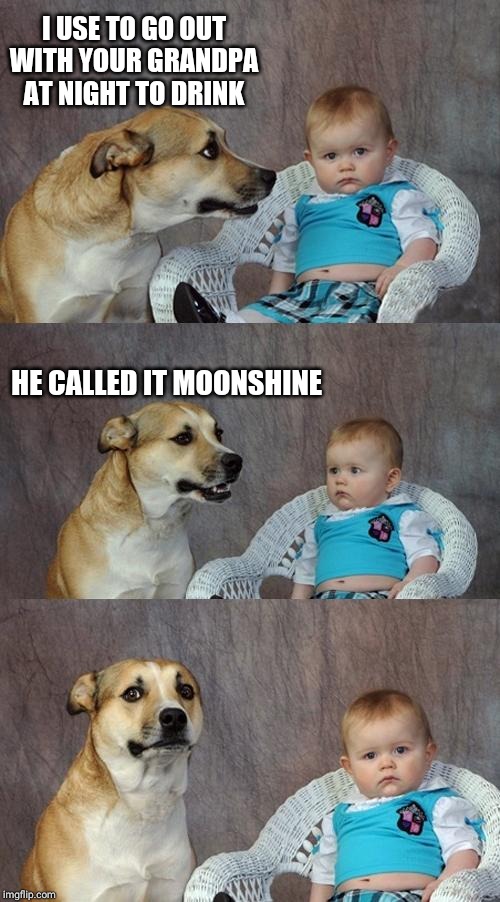 Dad Joke Dog | I USE TO GO OUT WITH YOUR GRANDPA AT NIGHT TO DRINK; HE CALLED IT MOONSHINE | image tagged in memes,dad joke dog | made w/ Imgflip meme maker