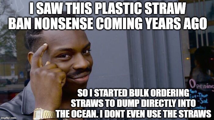 Roll Safe Think About It Meme | I SAW THIS PLASTIC STRAW BAN NONSENSE COMING YEARS AGO; SO I STARTED BULK ORDERING STRAWS TO DUMP DIRECTLY INTO THE OCEAN. I DONT EVEN USE THE STRAWS | image tagged in memes,roll safe think about it | made w/ Imgflip meme maker