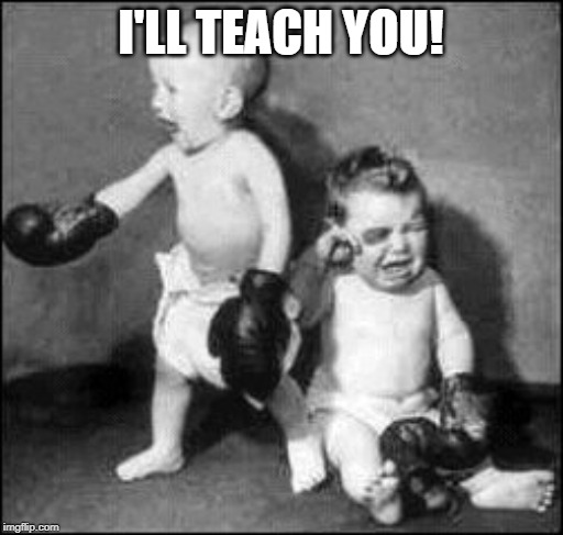baby fights | I'LL TEACH YOU! | image tagged in baby fights | made w/ Imgflip meme maker