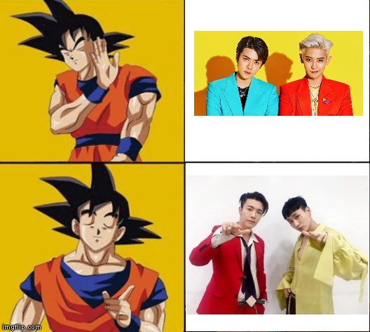 Goku prefers Super Junior D&E over EXO-SC | image tagged in goku posting,exo,super junior | made w/ Imgflip meme maker