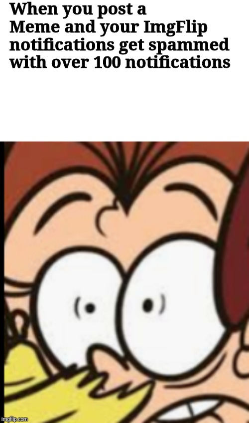 Luan Face | When you post a Meme and your ImgFlip notifications get spammed with over 100 notifications | image tagged in luan face | made w/ Imgflip meme maker