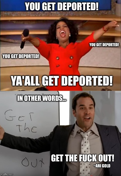 YOU GET DEPORTED! YOU GET DEPORTED! YOU GET DEPORTED! YA'ALL GET DEPORTED! IN OTHER WORDS... | image tagged in memes,oprah you get a | made w/ Imgflip meme maker