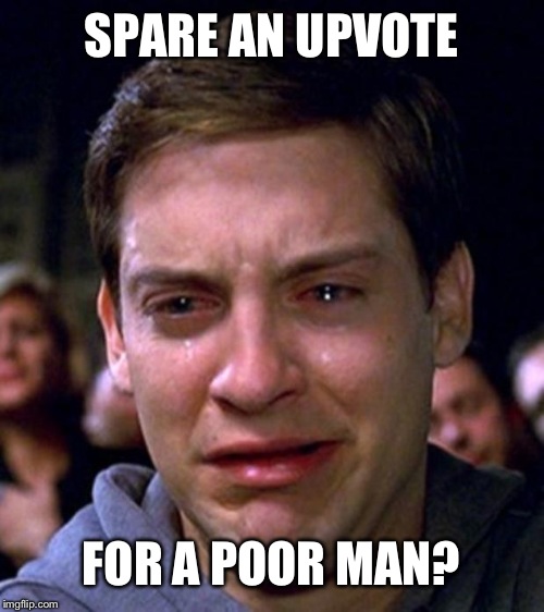 crying peter parker | SPARE AN UPVOTE; FOR A POOR MAN? | image tagged in crying peter parker | made w/ Imgflip meme maker
