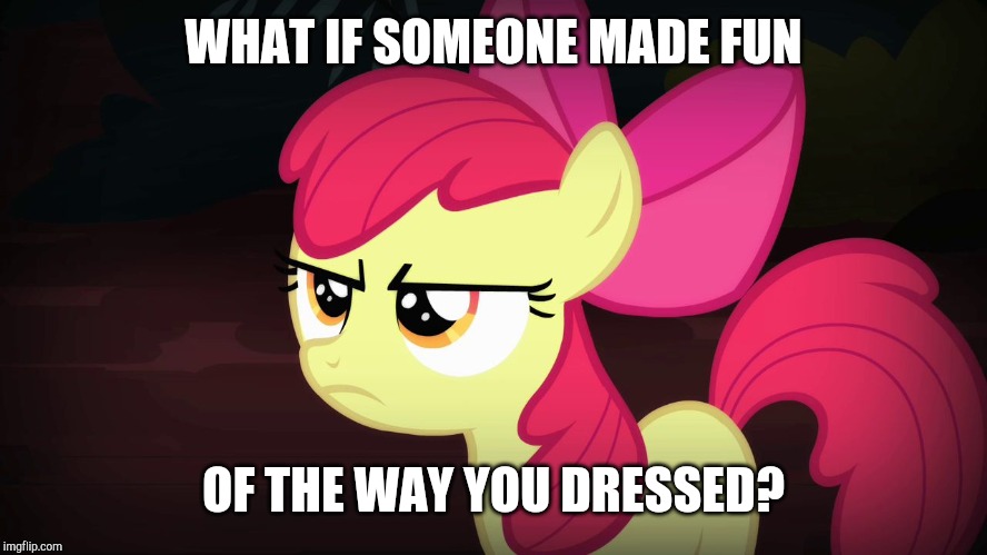 Angry Applebloom | WHAT IF SOMEONE MADE FUN OF THE WAY YOU DRESSED? | image tagged in angry applebloom | made w/ Imgflip meme maker