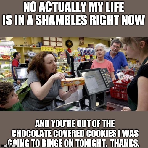Annoying Retail Customer | NO ACTUALLY MY LIFE IS IN A SHAMBLES RIGHT NOW AND YOU'RE OUT OF THE CHOCOLATE COVERED COOKIES I WAS GOING TO BINGE ON TONIGHT,  THANKS. | image tagged in annoying retail customer | made w/ Imgflip meme maker