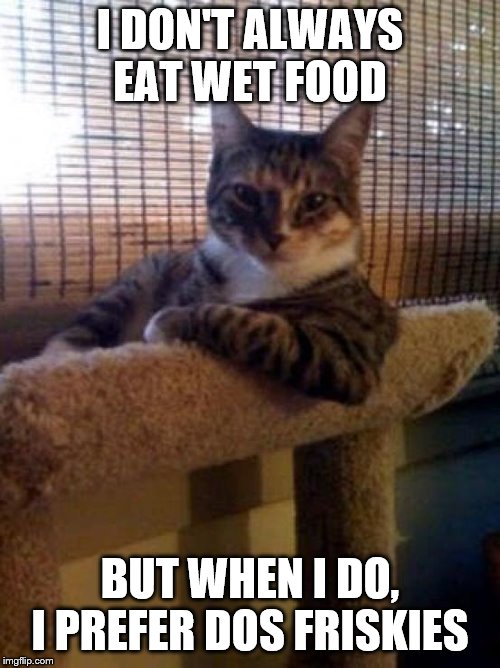 The Most Interesting Cat In The World | I DON'T ALWAYS EAT WET FOOD; BUT WHEN I DO, I PREFER DOS FRISKIES | image tagged in memes,the most interesting cat in the world | made w/ Imgflip meme maker