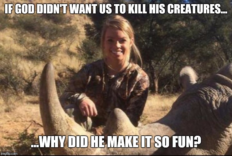 Happy hunting! | IF GOD DIDN'T WANT US TO KILL HIS CREATURES... ...WHY DID HE MAKE IT SO FUN? | image tagged in hunting season,hunting,peta,funny animals,cute animals,death | made w/ Imgflip meme maker