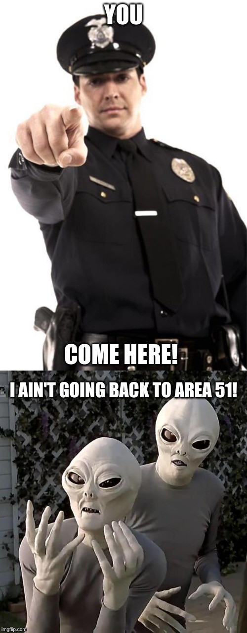 YOU; COME HERE! I AIN'T GOING BACK TO AREA 51! | image tagged in aliens,police | made w/ Imgflip meme maker
