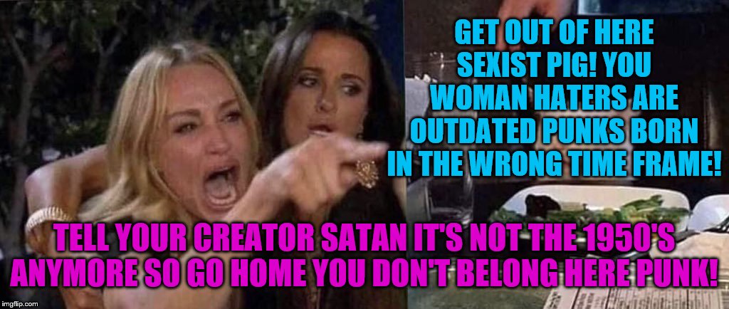 woman yelling at cat | GET OUT OF HERE SEXIST PIG! YOU WOMAN HATERS ARE OUTDATED PUNKS BORN IN THE WRONG TIME FRAME! TELL YOUR CREATOR SATAN IT'S NOT THE 1950'S ANYMORE SO GO HOME YOU DON'T BELONG HERE PUNK! | image tagged in woman yelling at cat | made w/ Imgflip meme maker