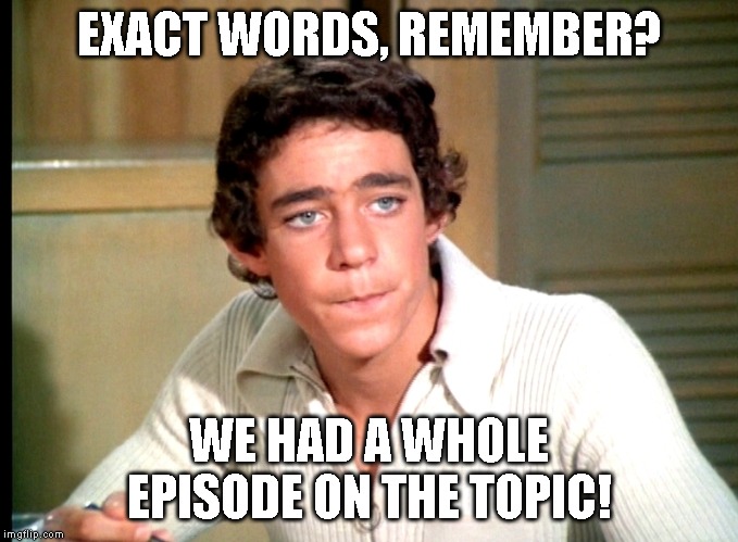 EXACT WORDS, REMEMBER? WE HAD A WHOLE EPISODE ON THE TOPIC! | image tagged in funny | made w/ Imgflip meme maker