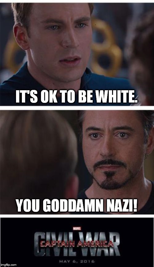 The irony is in that it needs to be said at all. | IT'S OK TO BE WHITE. YOU GO***MN NAZI! | image tagged in memes,marvel civil war 1 | made w/ Imgflip meme maker