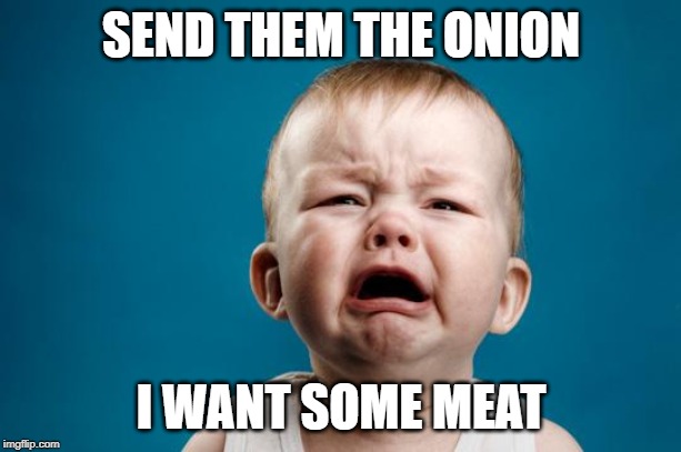 BABY CRYING | SEND THEM THE ONION I WANT SOME MEAT | image tagged in baby crying | made w/ Imgflip meme maker