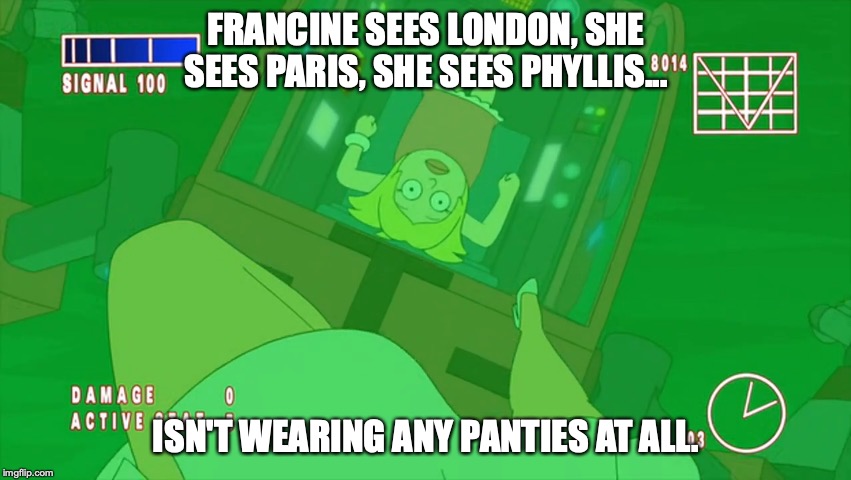 Francine stares up at a teenage girl's skirt. | FRANCINE SEES LONDON, SHE SEES PARIS, SHE SEES PHYLLIS... ISN'T WEARING ANY PANTIES AT ALL. | image tagged in american dad,francine smith,phyllis,teenage girl,housewife,blondes | made w/ Imgflip meme maker