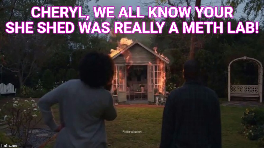 Cheryl's She Shed | CHERYL, WE ALL KNOW YOUR SHE SHED WAS REALLY A METH LAB! | image tagged in cheryl's she shed | made w/ Imgflip meme maker