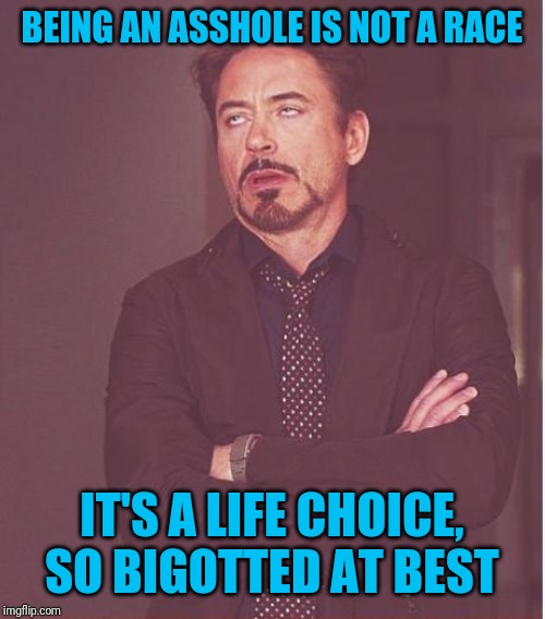 Face You Make Robert Downey Jr Meme | BEING AN ASSHOLE IS NOT A RACE IT'S A LIFE CHOICE, SO BIGOTTED AT BEST | image tagged in memes,face you make robert downey jr | made w/ Imgflip meme maker