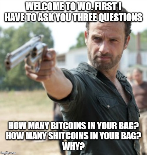 WELCOME TO WO. FIRST I HAVE TO ASK YOU THREE QUESTIONS; HOW MANY BITCOINS IN YOUR BAG?
HOW MANY SHITCOINS IN YOUR BAG?
WHY? | made w/ Imgflip meme maker