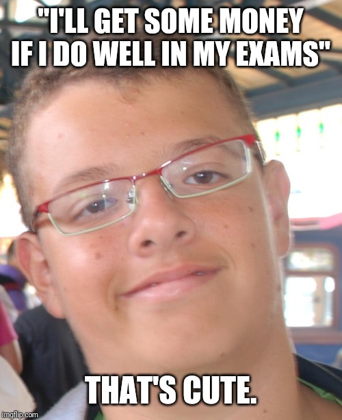 PoshJean | "I'LL GET SOME MONEY IF I DO WELL IN MY EXAMS"; THAT'S CUTE. | image tagged in poshjean | made w/ Imgflip meme maker