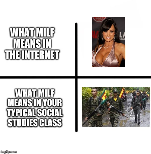 Boobs?,Terrorism? Or A Usual Joke? Is This Confusing? | WHAT MILF MEANS IN THE INTERNET; WHAT MILF MEANS IN YOUR TYPICAL SOCIAL STUDIES CLASS | image tagged in memes,blank starter pack,milf,philippines,terrorism | made w/ Imgflip meme maker