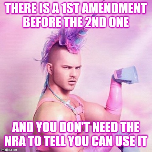 Unicorn MAN Meme | THERE IS A 1ST AMENDMENT   BEFORE THE 2ND ONE AND YOU DON'T NEED THE NRA TO TELL YOU CAN USE IT | image tagged in memes,unicorn man | made w/ Imgflip meme maker