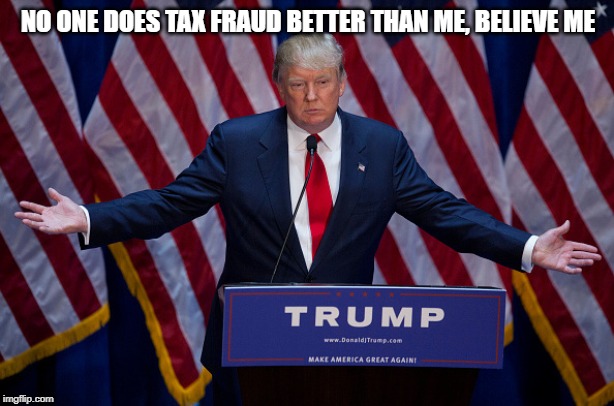 Donald Trump | NO ONE DOES TAX FRAUD BETTER THAN ME, BELIEVE ME | image tagged in donald trump | made w/ Imgflip meme maker