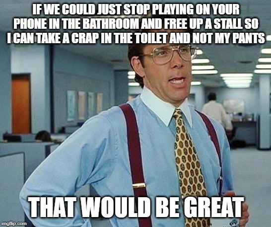 Lumbergh | IF WE COULD JUST STOP PLAYING ON YOUR PHONE IN THE BATHROOM AND FREE UP A STALL SO I CAN TAKE A CRAP IN THE TOILET AND NOT MY PANTS; THAT WOULD BE GREAT | image tagged in lumbergh,AdviceAnimals | made w/ Imgflip meme maker
