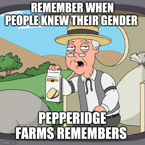 Pepperidge Farm Remembers | REMEMBER WHEN PEOPLE KNEW THEIR GENDER; PEPPERIDGE FARMS REMEMBERS | image tagged in memes,pepperidge farm remembers | made w/ Imgflip meme maker