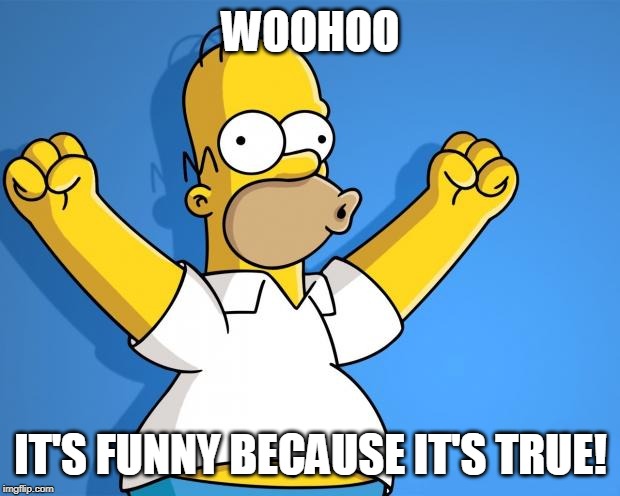 Woohoo Homer Simpson | WOOHOO IT'S FUNNY BECAUSE IT'S TRUE! | image tagged in woohoo homer simpson | made w/ Imgflip meme maker