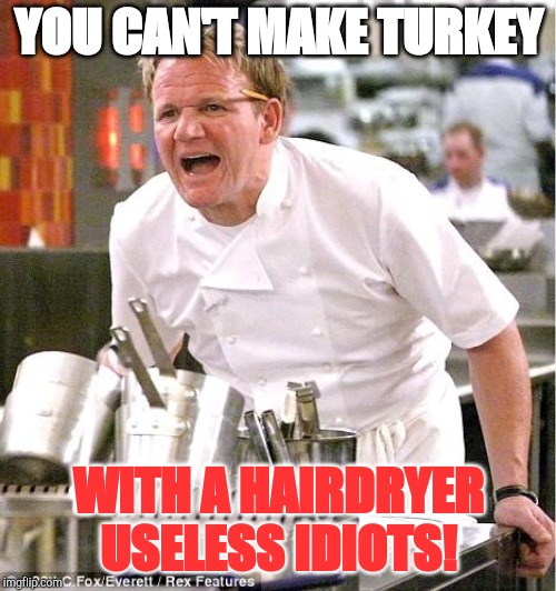 Chef Gordon Ramsay | YOU CAN'T MAKE TURKEY; WITH A HAIRDRYER USELESS IDIOTS! | image tagged in memes,chef gordon ramsay | made w/ Imgflip meme maker