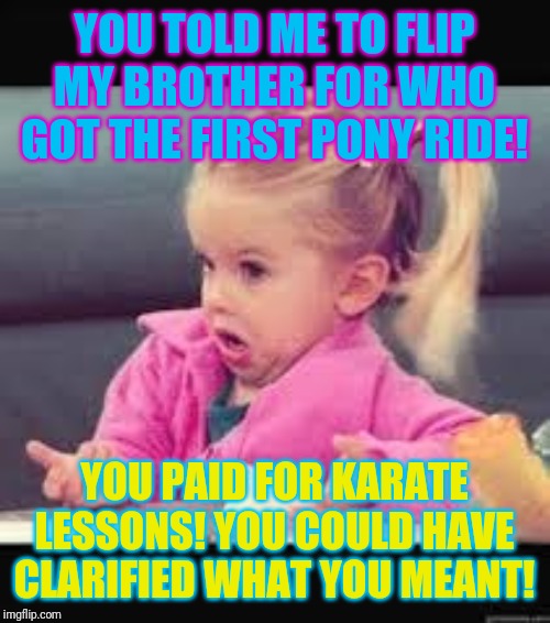 Flip how? | YOU TOLD ME TO FLIP MY BROTHER FOR WHO GOT THE FIRST PONY RIDE! YOU PAID FOR KARATE LESSONS! YOU COULD HAVE CLARIFIED WHAT YOU MEANT! | image tagged in little girl dunno,brothers,family feud | made w/ Imgflip meme maker