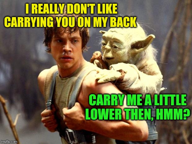 Luke and Yoda | I REALLY DON'T LIKE CARRYING YOU ON MY BACK CARRY ME A LITTLE LOWER THEN, HMM? | image tagged in luke and yoda | made w/ Imgflip meme maker