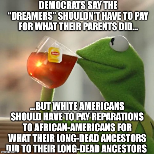 But That's None Of My Business | DEMOCRATS SAY THE “DREAMERS” SHOULDN’T HAVE TO PAY FOR WHAT THEIR PARENTS DID... ...BUT WHITE AMERICANS SHOULD HAVE TO PAY REPARATIONS TO AFRICAN-AMERICANS FOR WHAT THEIR LONG-DEAD ANCESTORS DID TO THEIR LONG-DEAD ANCESTORS | image tagged in memes,but thats none of my business,kermit the frog,democratic party,democrats,slavery | made w/ Imgflip meme maker