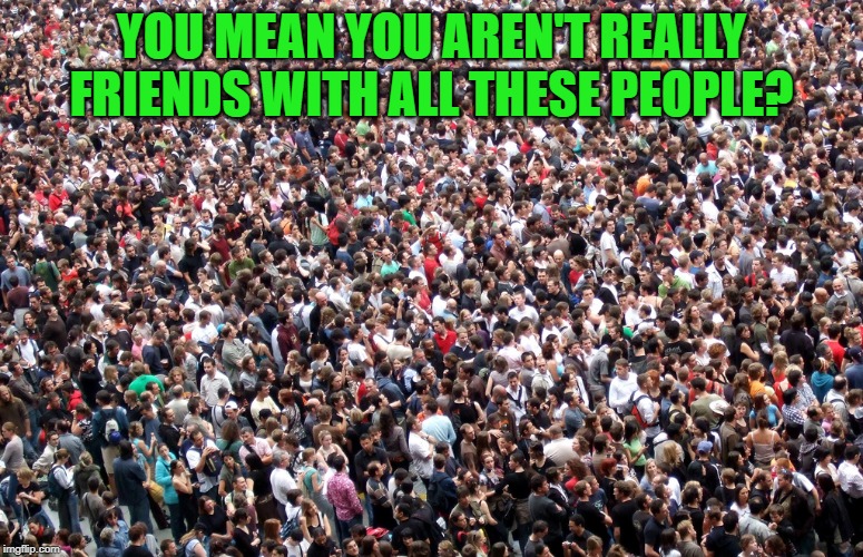 crowd of people | YOU MEAN YOU AREN'T REALLY FRIENDS WITH ALL THESE PEOPLE? | image tagged in crowd of people | made w/ Imgflip meme maker