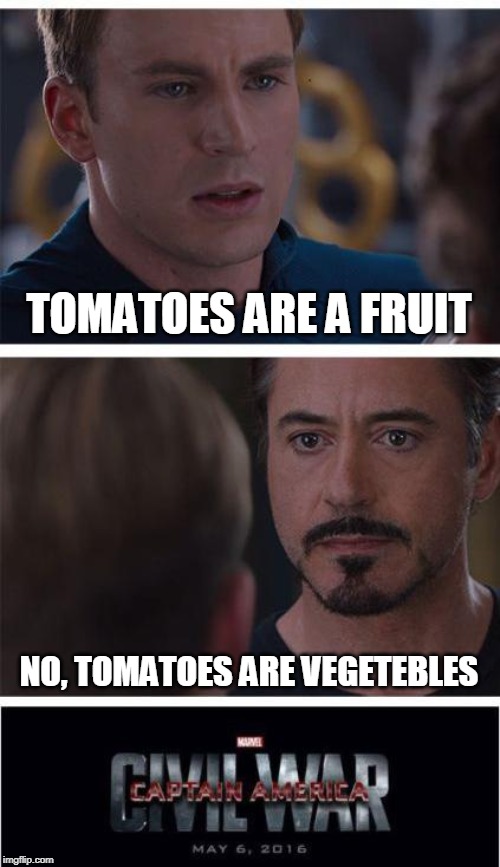 Marvel Civil War 1 | TOMATOES ARE A FRUIT; NO, TOMATOES ARE VEGETEBLES | image tagged in memes,marvel civil war 1 | made w/ Imgflip meme maker