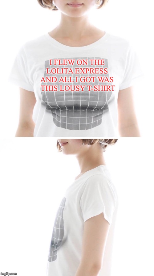 Lolita Express | I FLEW ON THE 
LOLITA EXPRESS 
AND ALL I GOT WAS 
THIS LOUSY T-SHIRT | image tagged in tits t-shirt | made w/ Imgflip meme maker