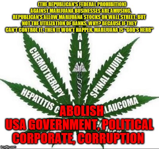 Benefits of Marijuana | (THE REPUBLICAN'S FEDERAL PROHIBITION)    AGAINST MARIJUANA BUSINESSES ARE AMUSING. REPUBLICAN'S ALLOW MARIJUANA STOCKS ON WALL STREET, BUT NOT THE UTILIZATION OF BANKS, WHY? BECAUSE IF THEY CAN'T CONTROL IT, THEN IT WON'T HAPPEN. MARIJUANA IS "GOD'S HERB"; ABOLISH     USA GOVERNMENT, POLITICAL CORPORATE, CORRUPTION | image tagged in benefits of marijuana | made w/ Imgflip meme maker